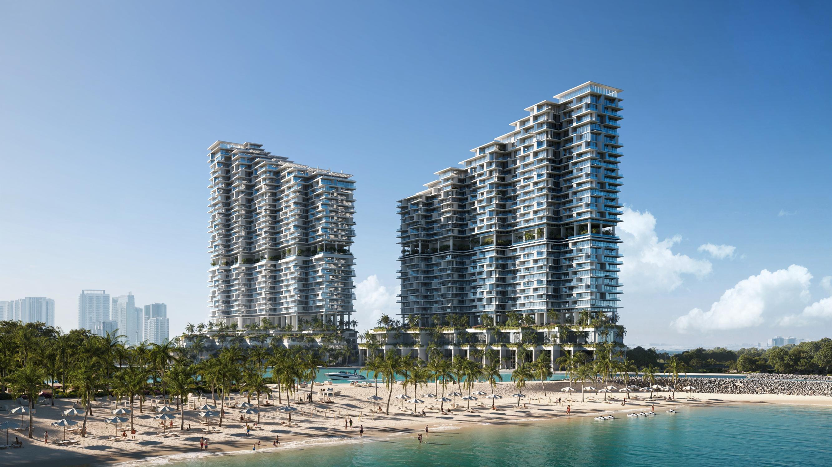 Riviera Residences Abu Dhabi exterior towers overlooking the waterfront and city skyline views